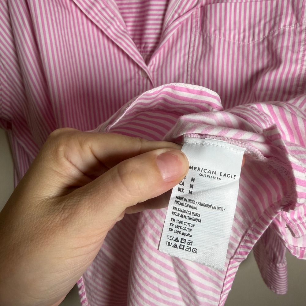 American Eagle Tan White Pinstripe Cotton Button Down Shirt Oversized Medium - Picture 6 of 6